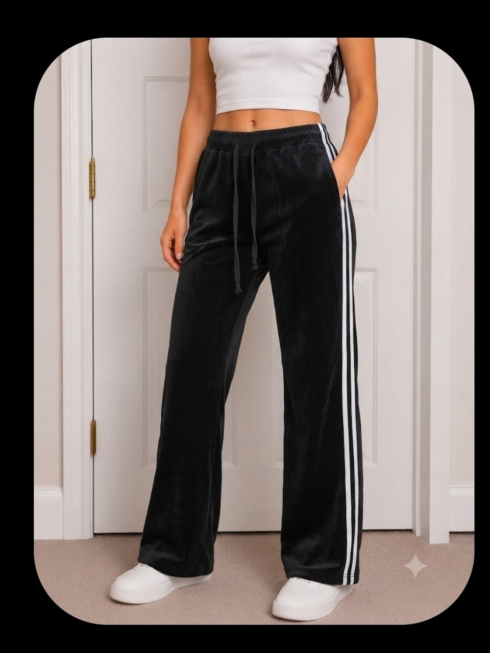 Black Velour Track Pants with White Side Stripes Size M